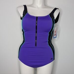 NWT Aquabelle Black Purple Blue Zip Front One Piece Swimsuit 14